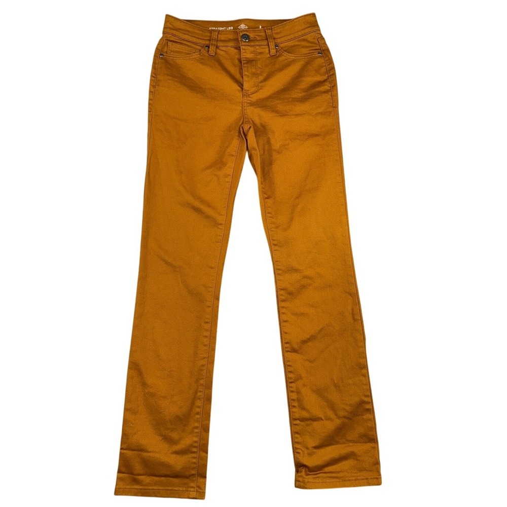 St Johns Bay Womens Straight Leg Pants Tobacco Brown Size 2 Cotton Blend Stretch
